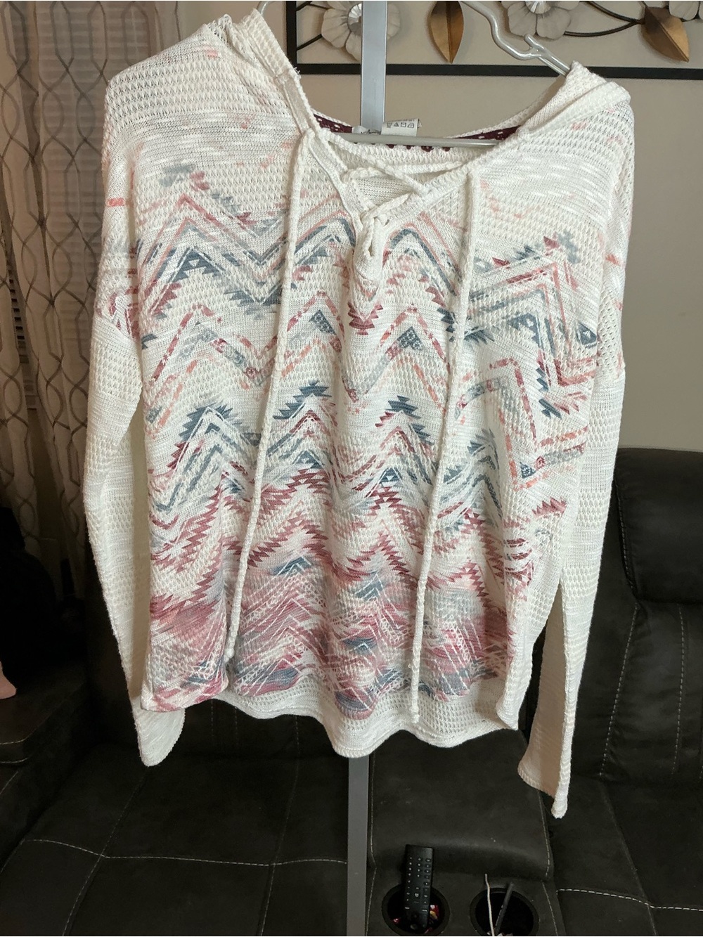 American Rag Cream Knit Hoodie Sweater with Pink and Blue Chevron Pattern